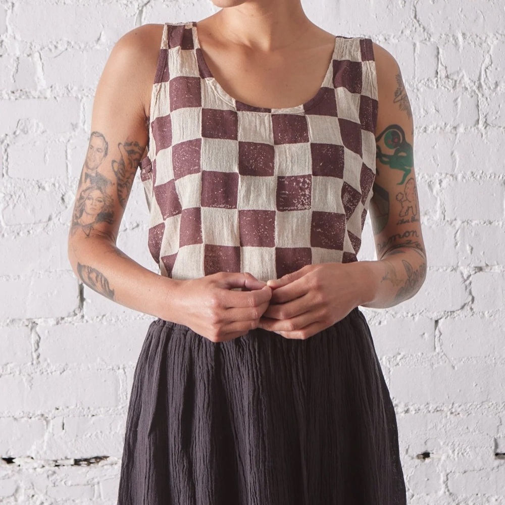 HP 🥥 Black Crane Checkered Linen Brown and Cream Oversized Tank Top NWT 🥥